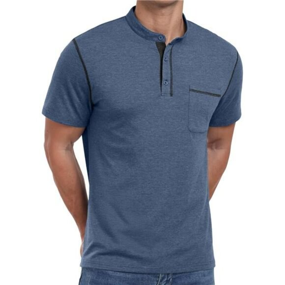 Mens Short Sleeve Henley Shirt Cotton Button Casual Summer Pocket Tee Top - Picture 3 of 7